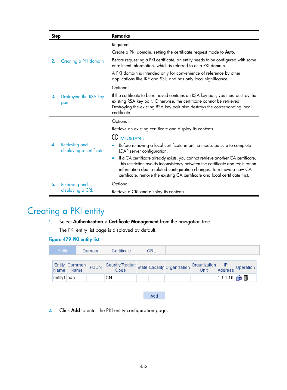 Creating a pki entity | H3C Technologies H3C WX3000E Series Wireless Switches User Manual | Page 469 / 640