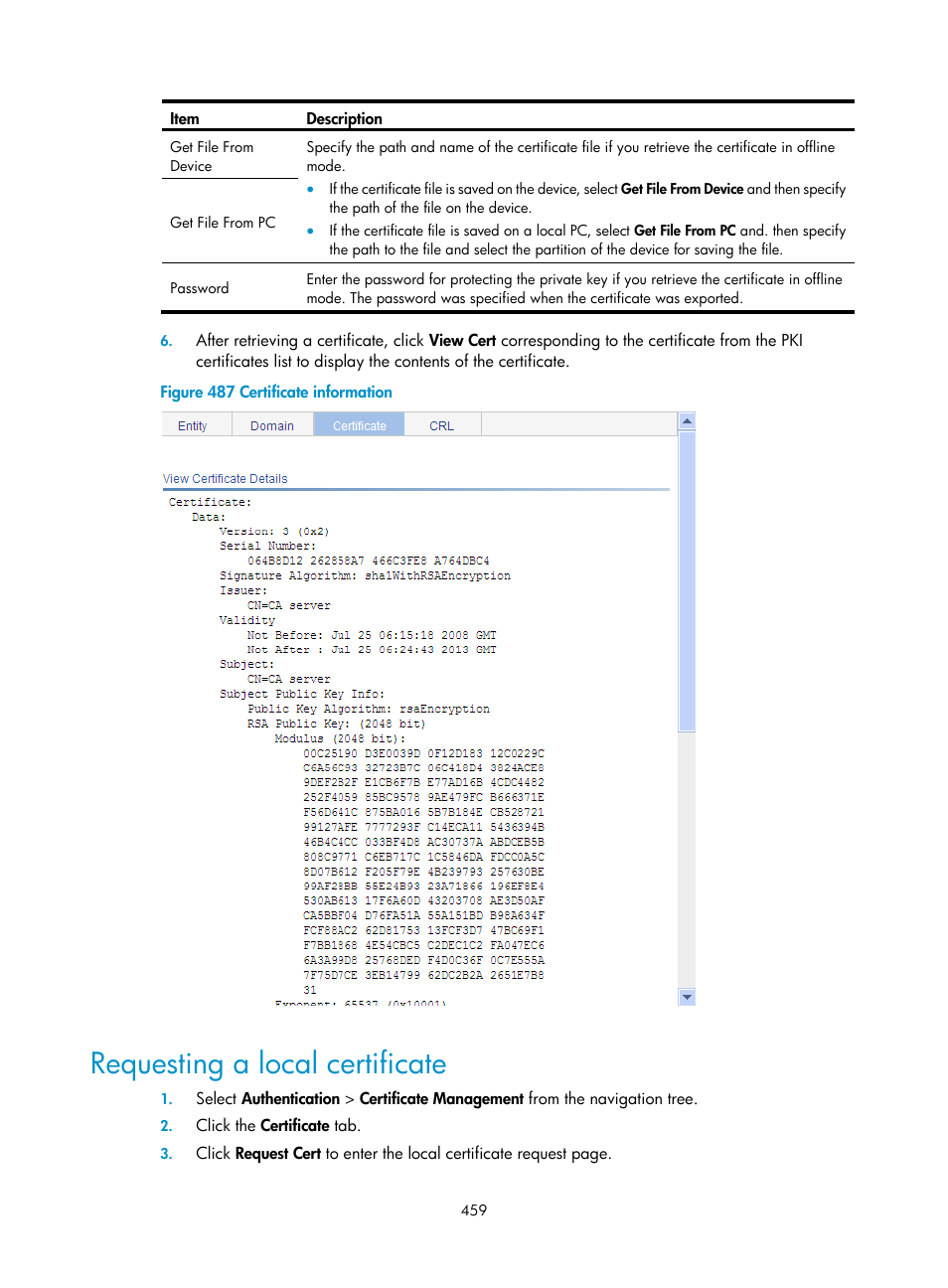 Requesting a local certificate, Requesting a local, Certificate | H3C Technologies H3C WX3000E Series Wireless Switches User Manual | Page 475 / 640