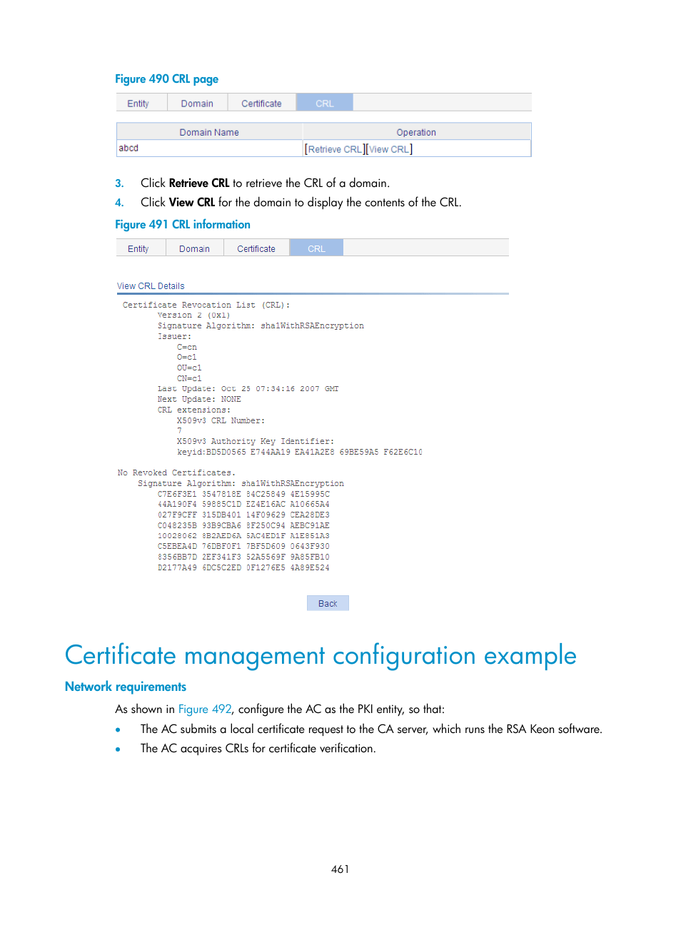Certificate management configuration example, Network requirements | H3C Technologies H3C WX3000E Series Wireless Switches User Manual | Page 477 / 640