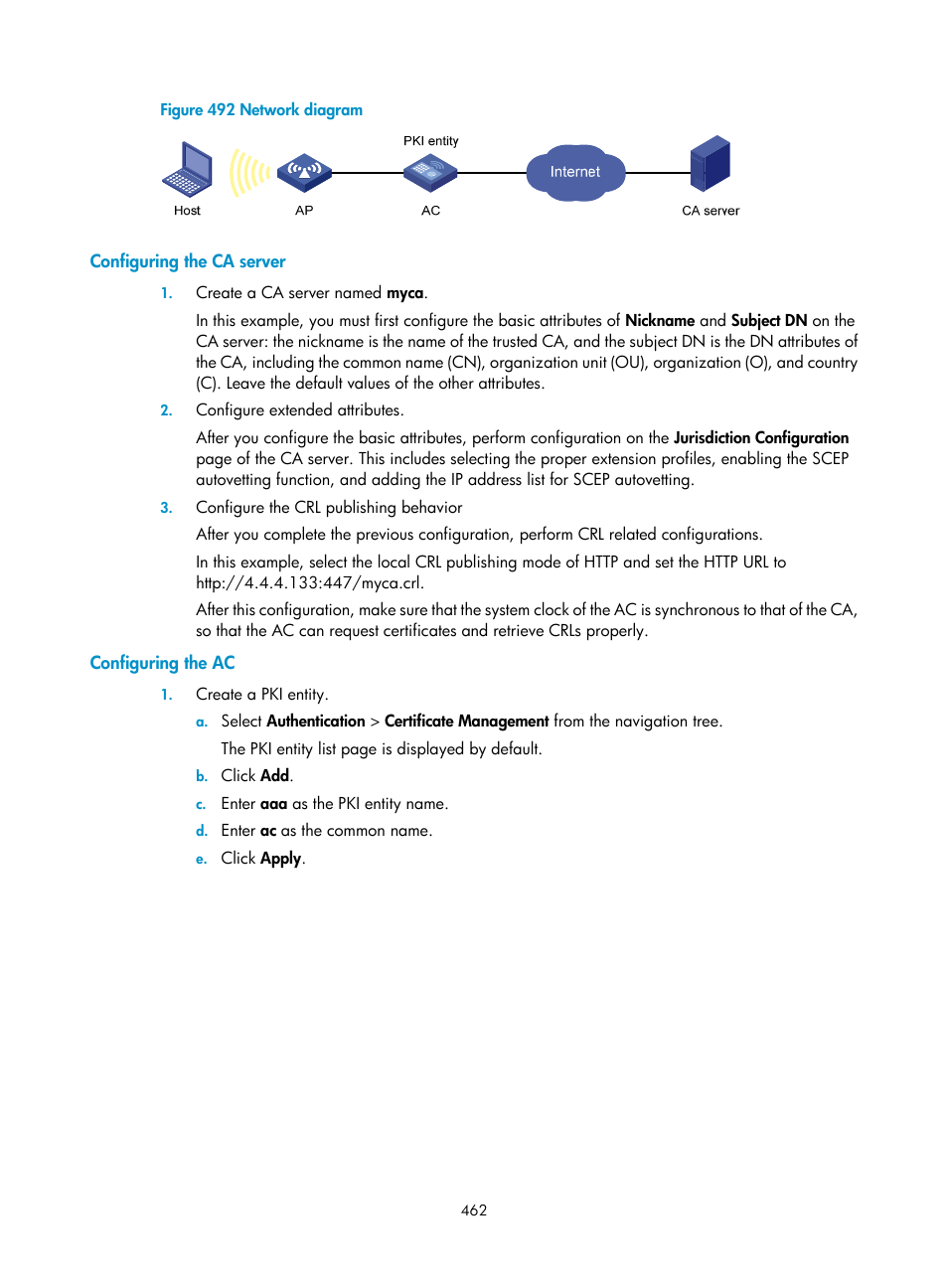 Configuring the ca server, Configuring the ac | H3C Technologies H3C WX3000E Series Wireless Switches User Manual | Page 478 / 640