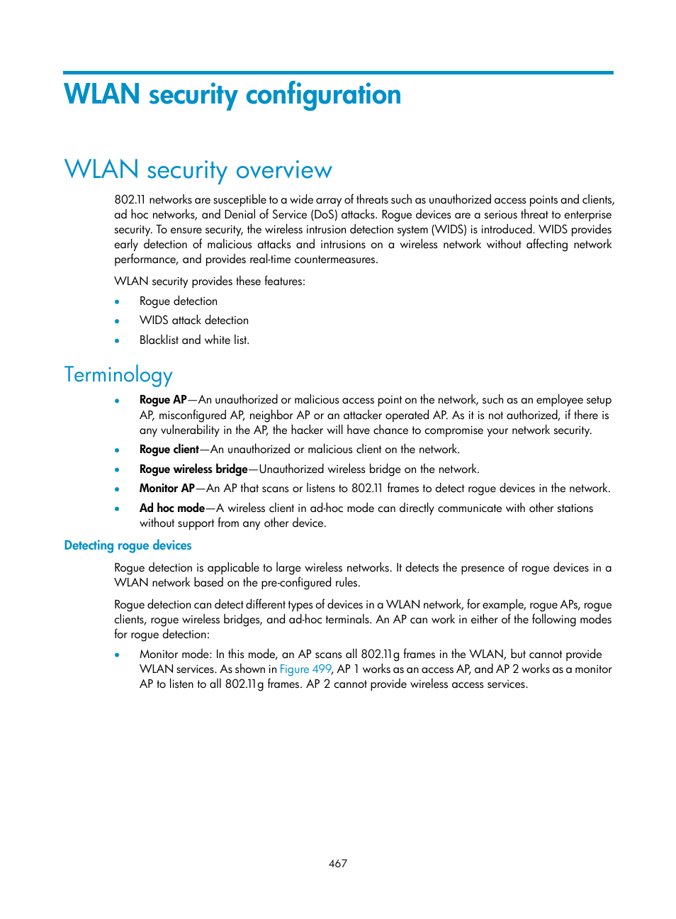 Wlan security configuration, Wlan security overview, Terminology | Detecting rogue devices | H3C Technologies H3C WX3000E Series Wireless Switches User Manual | Page 483 / 640