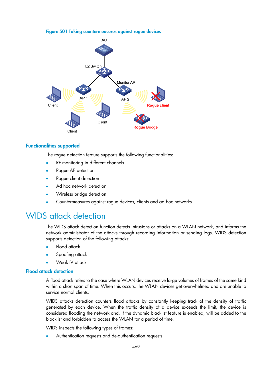 Functionalities supported, Wids attack detection, Flood attack detection | H3C Technologies H3C WX3000E Series Wireless Switches User Manual | Page 485 / 640