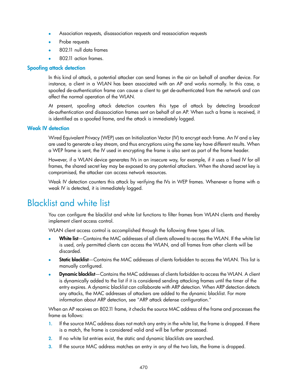 Spoofing attack detection, Weak iv detection, Blacklist and white list | H3C Technologies H3C WX3000E Series Wireless Switches User Manual | Page 486 / 640