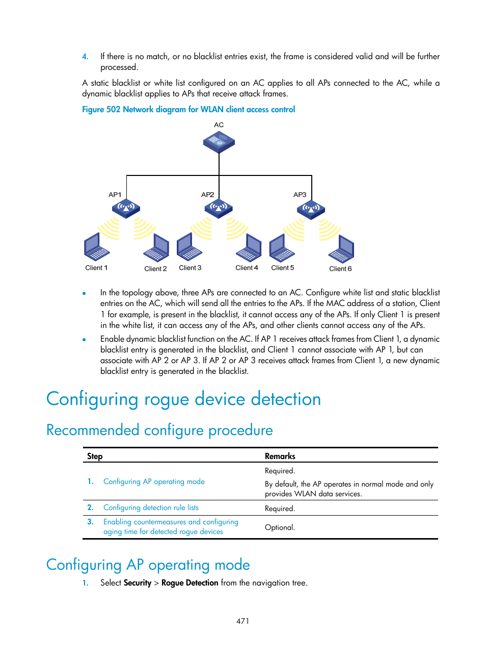 Configuring rogue device detection, Recommended configure procedure, Configuring ap operating mode | H3C Technologies H3C WX3000E Series Wireless Switches User Manual | Page 487 / 640