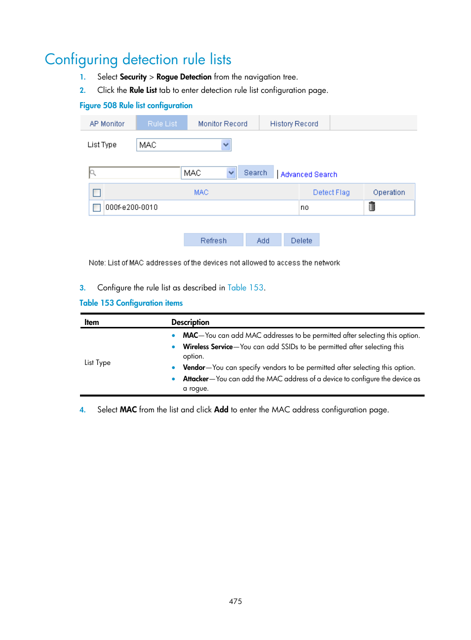 Configuring detection rule lists | H3C Technologies H3C WX3000E Series Wireless Switches User Manual | Page 491 / 640
