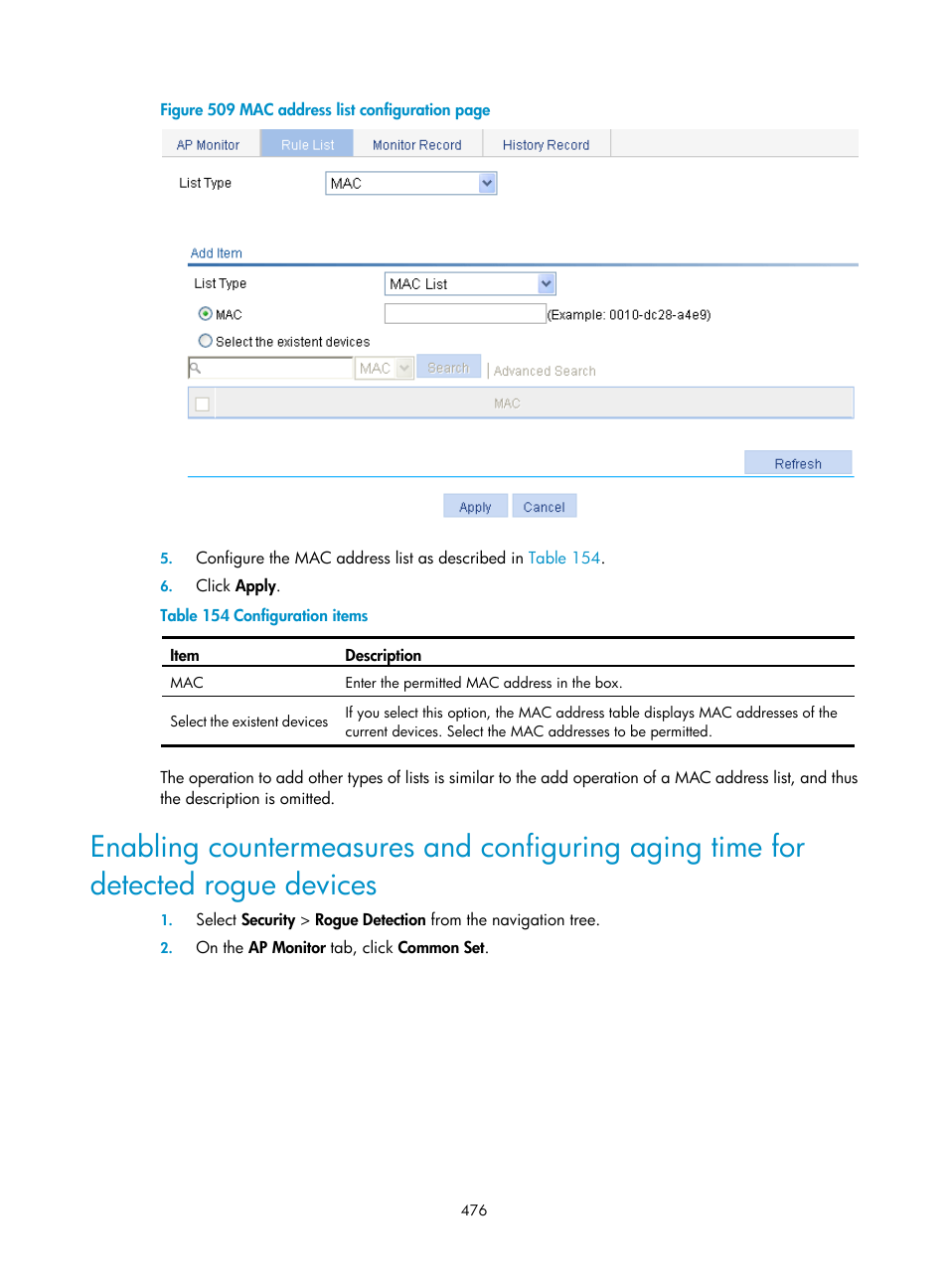 Enabling countermeasures and configuring, Aging time for detected rogue devices | H3C Technologies H3C WX3000E Series Wireless Switches User Manual | Page 492 / 640