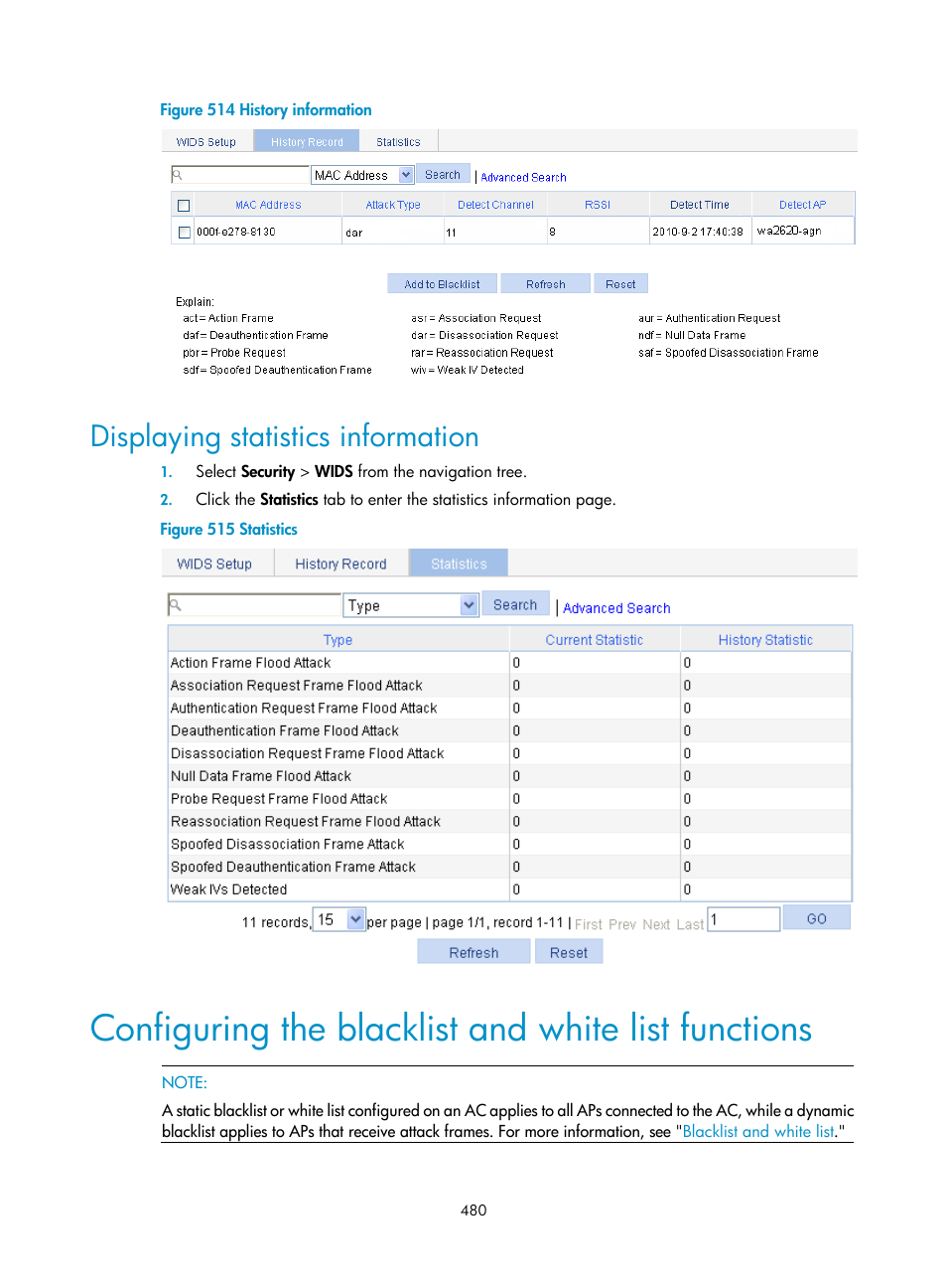 Displaying statistics information, Configuring the blacklist and white list functions | H3C Technologies H3C WX3000E Series Wireless Switches User Manual | Page 496 / 640