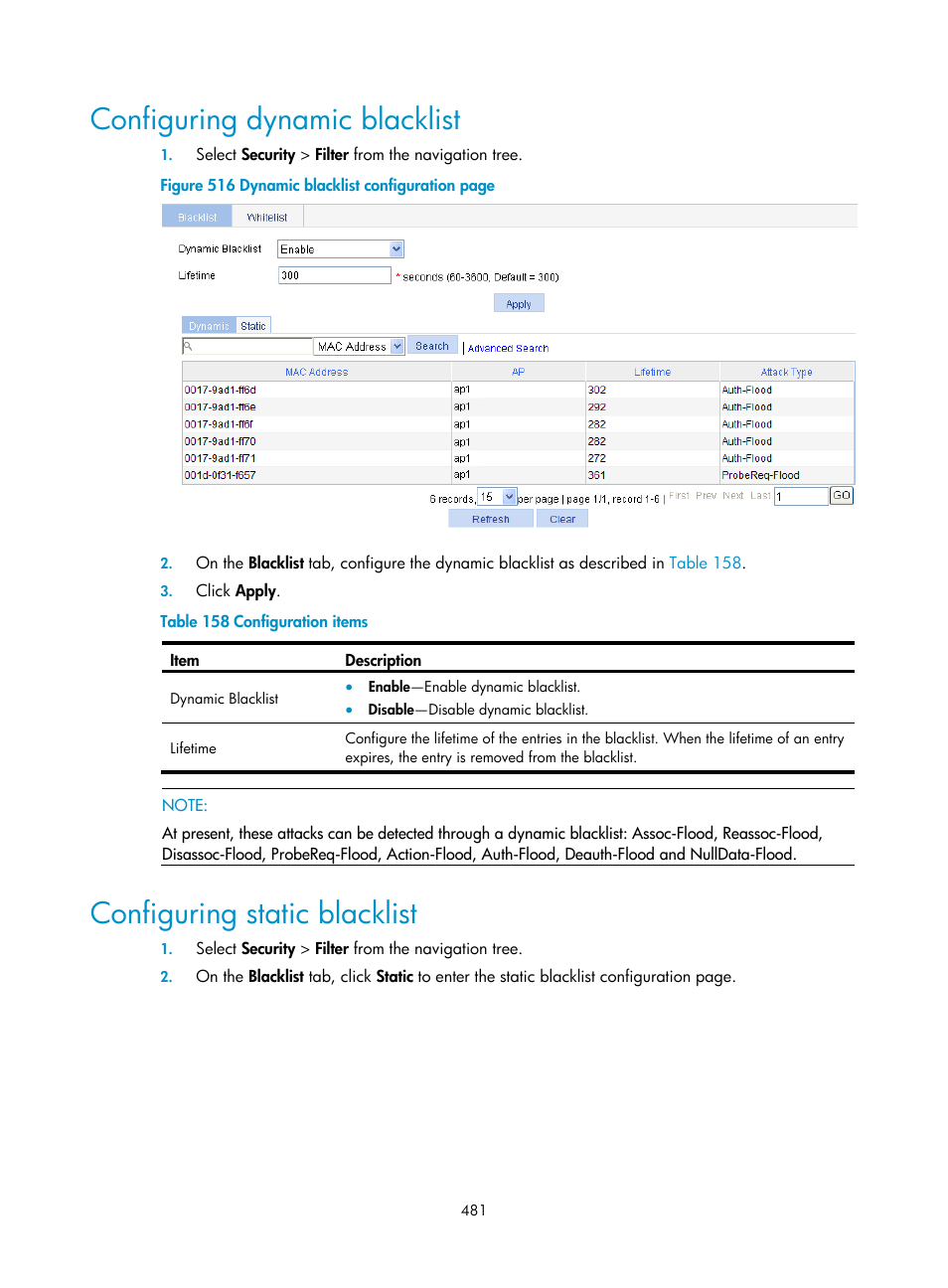 Configuring dynamic blacklist, Configuring static blacklist | H3C Technologies H3C WX3000E Series Wireless Switches User Manual | Page 497 / 640