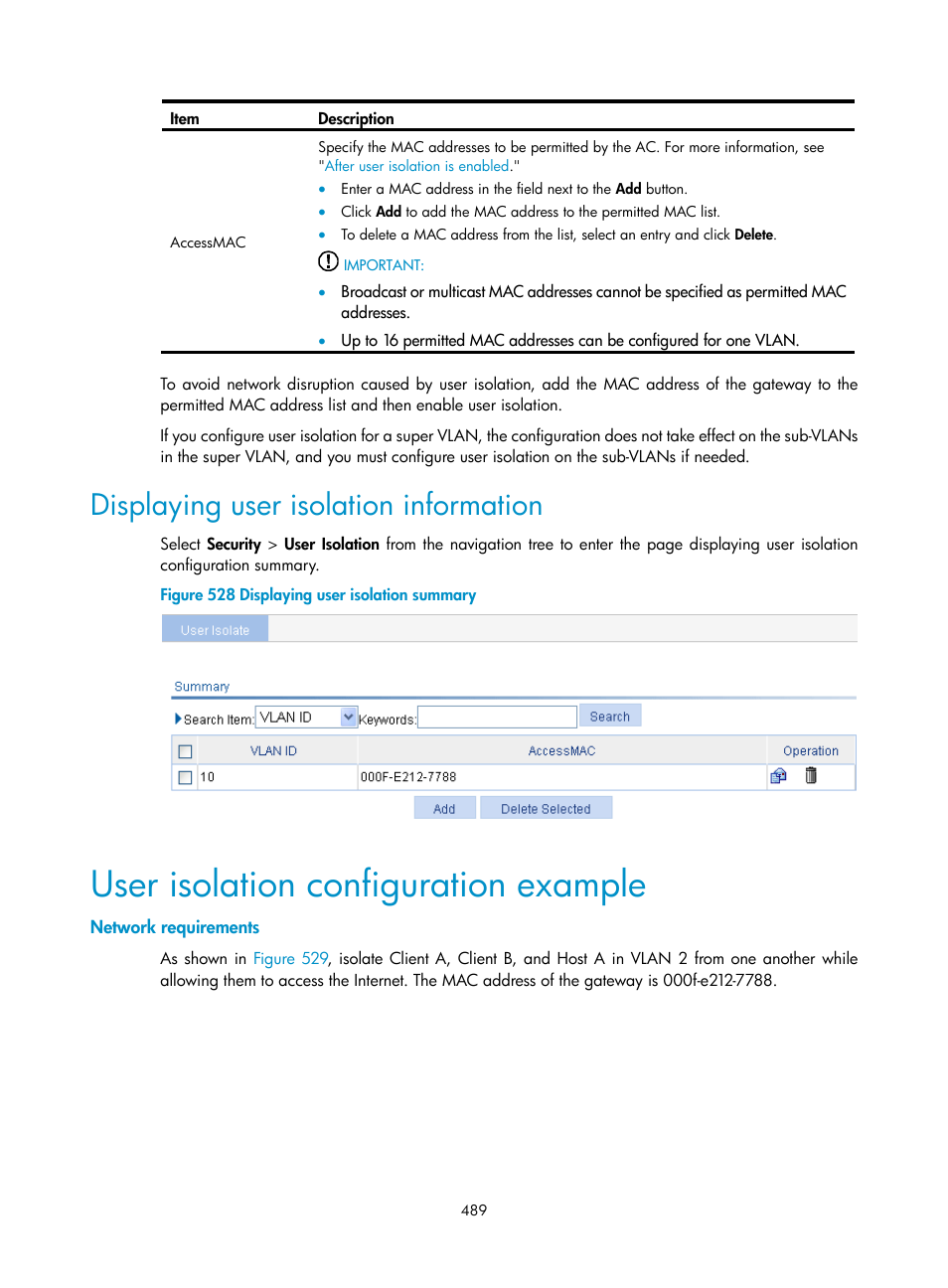 Displaying user isolation information, User isolation configuration example, Network requirements | H3C Technologies H3C WX3000E Series Wireless Switches User Manual | Page 505 / 640