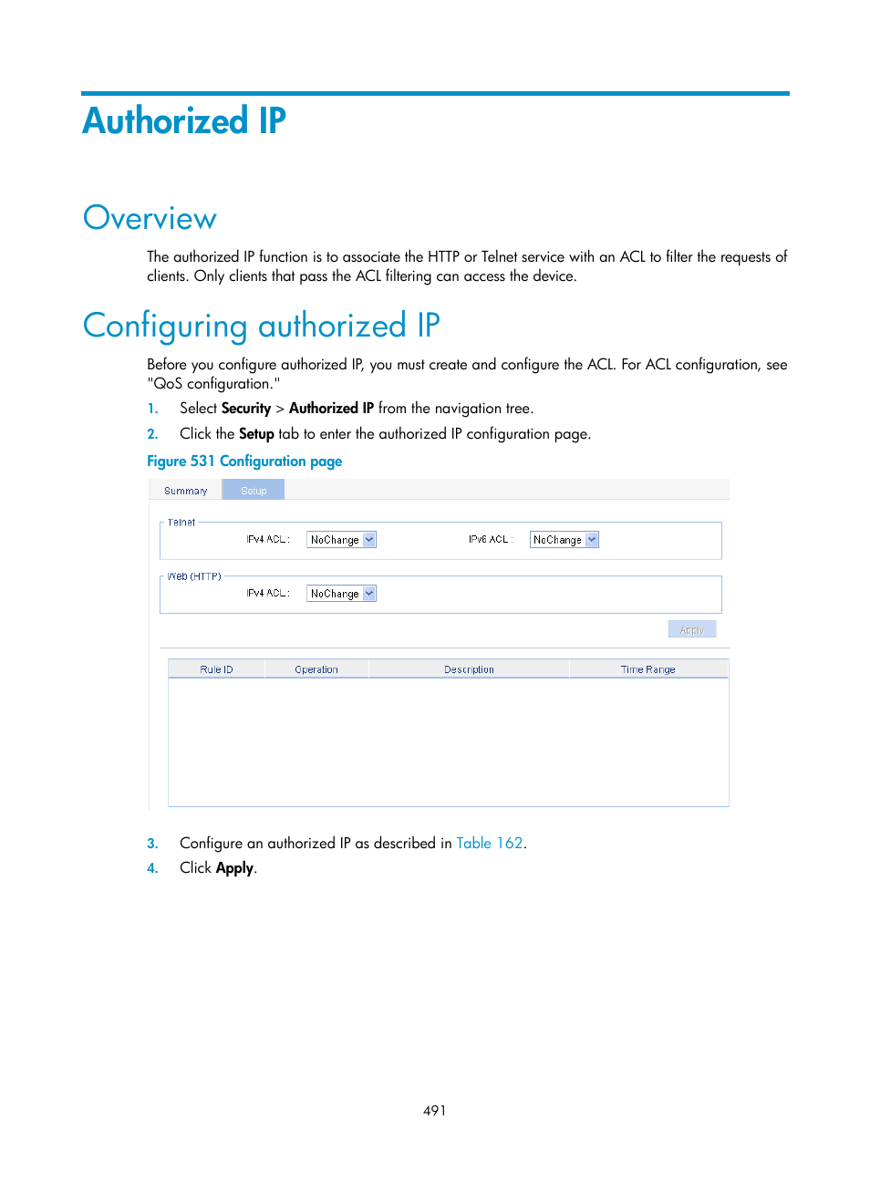 Authorized ip, Overview, Configuring authorized ip | H3C Technologies H3C WX3000E Series Wireless Switches User Manual | Page 507 / 640