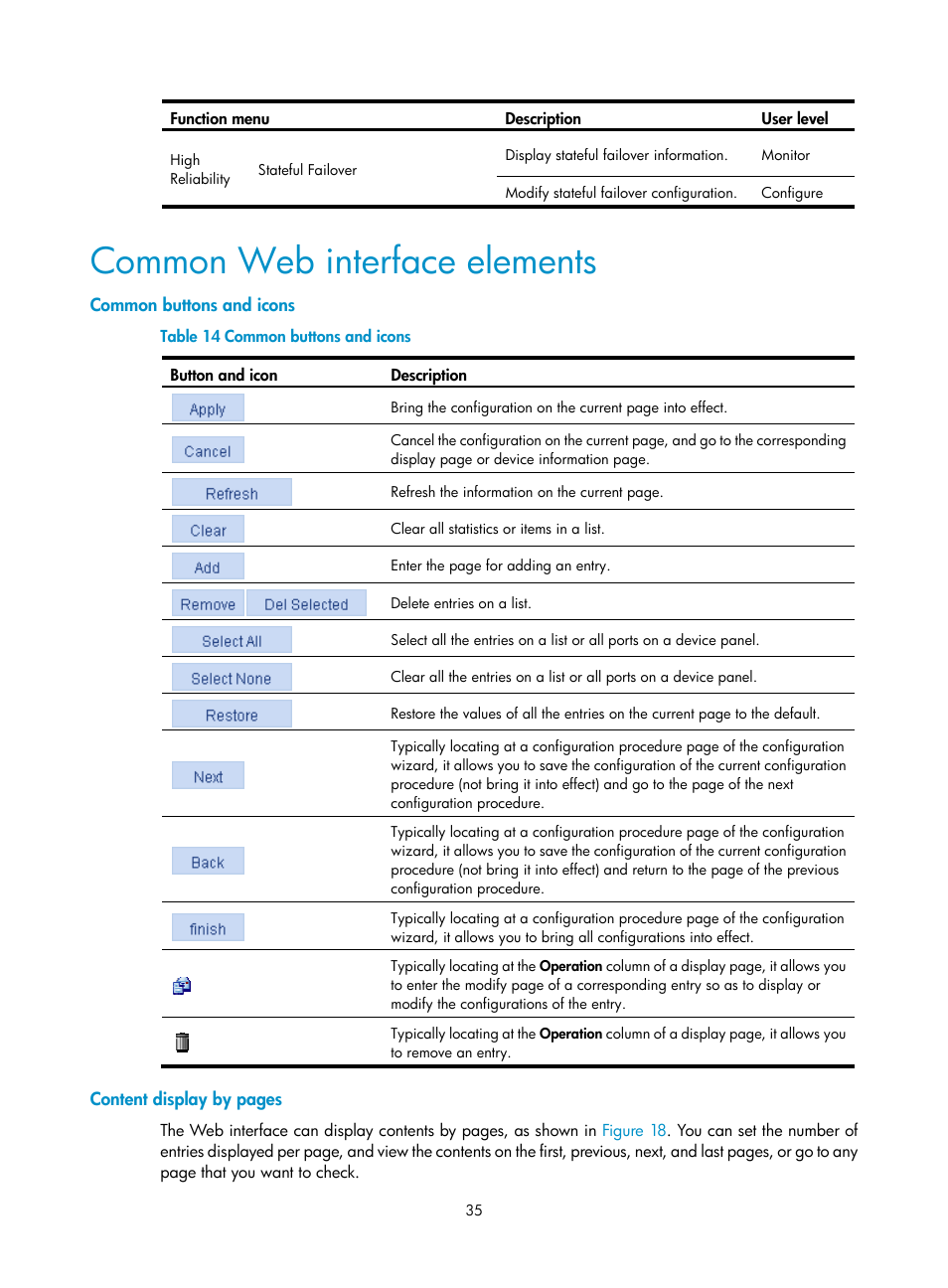 Common web interface elements, Common buttons and icons | H3C Technologies H3C WX3000E Series Wireless Switches User Manual | Page 51 / 640