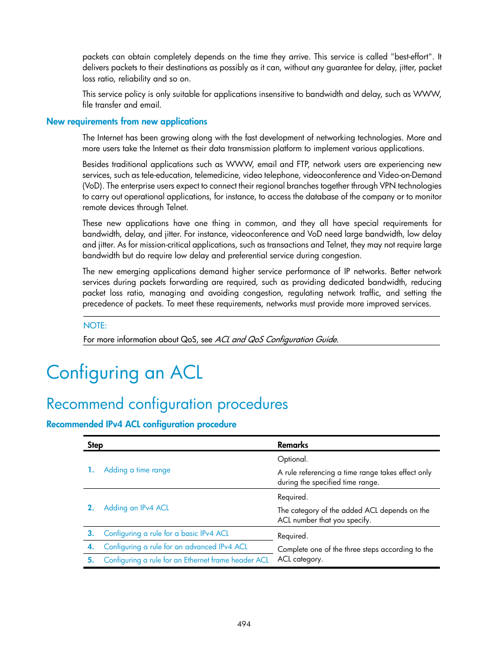 New requirements from new applications, Configuring an acl, Recommend configuration procedures | Recommended ipv4 acl configuration procedure | H3C Technologies H3C WX3000E Series Wireless Switches User Manual | Page 510 / 640