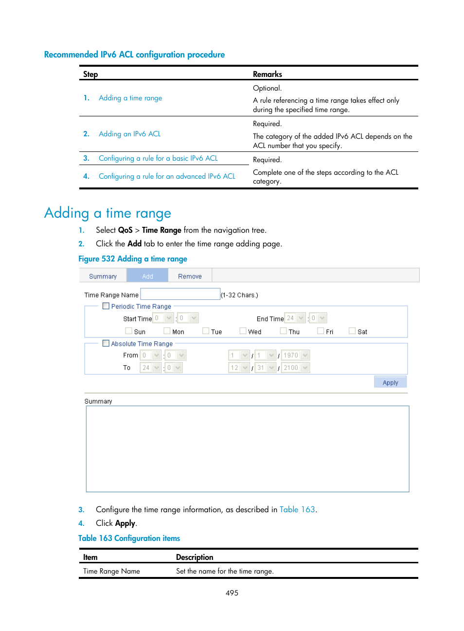 Recommended ipv6 acl configuration procedure, Adding a time range | H3C Technologies H3C WX3000E Series Wireless Switches User Manual | Page 511 / 640