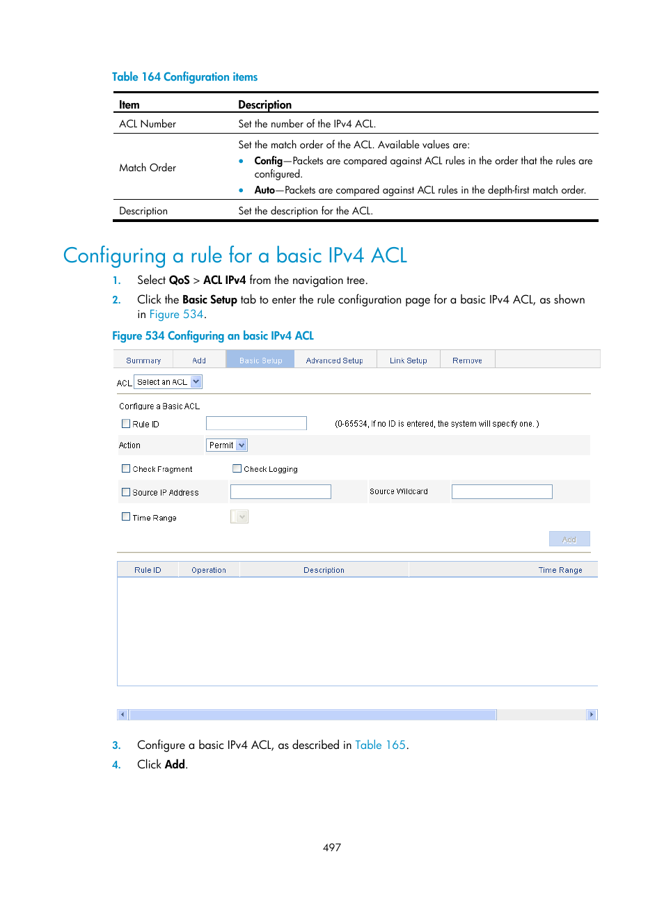 Configuring a rule for a basic ipv4 acl, Table 164 | H3C Technologies H3C WX3000E Series Wireless Switches User Manual | Page 513 / 640