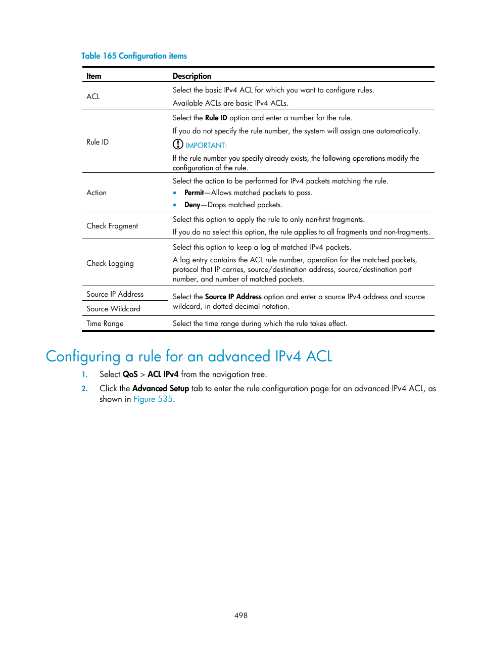 Configuring a rule for an advanced ipv4 acl | H3C Technologies H3C WX3000E Series Wireless Switches User Manual | Page 514 / 640