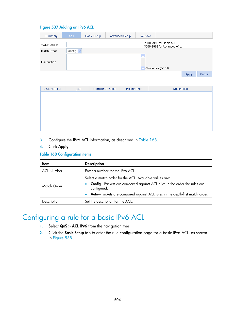 Configuring a rule for a basic ipv6 acl | H3C Technologies H3C WX3000E Series Wireless Switches User Manual | Page 520 / 640