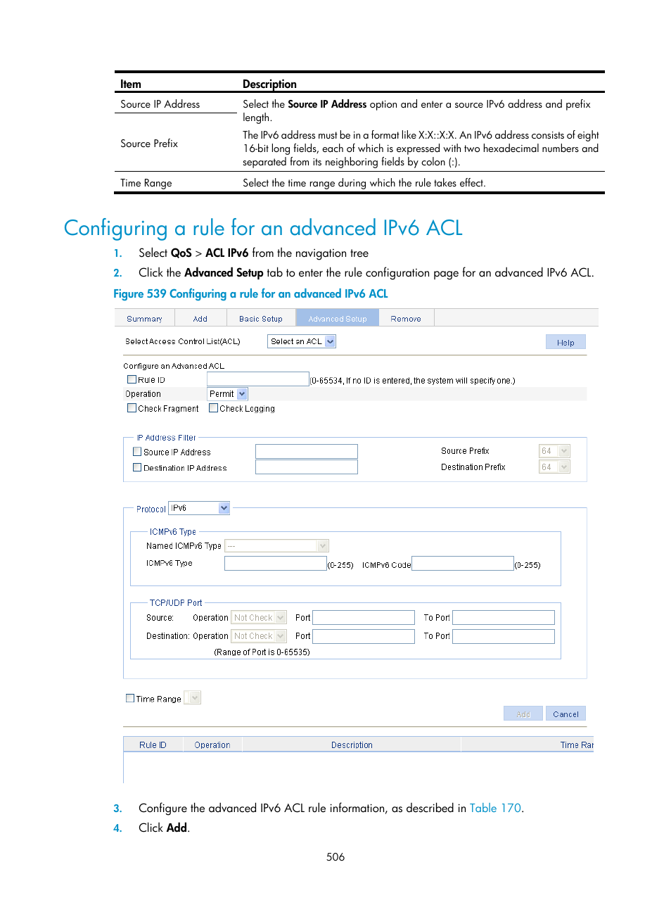 Configuring a rule for an advanced ipv6 acl | H3C Technologies H3C WX3000E Series Wireless Switches User Manual | Page 522 / 640