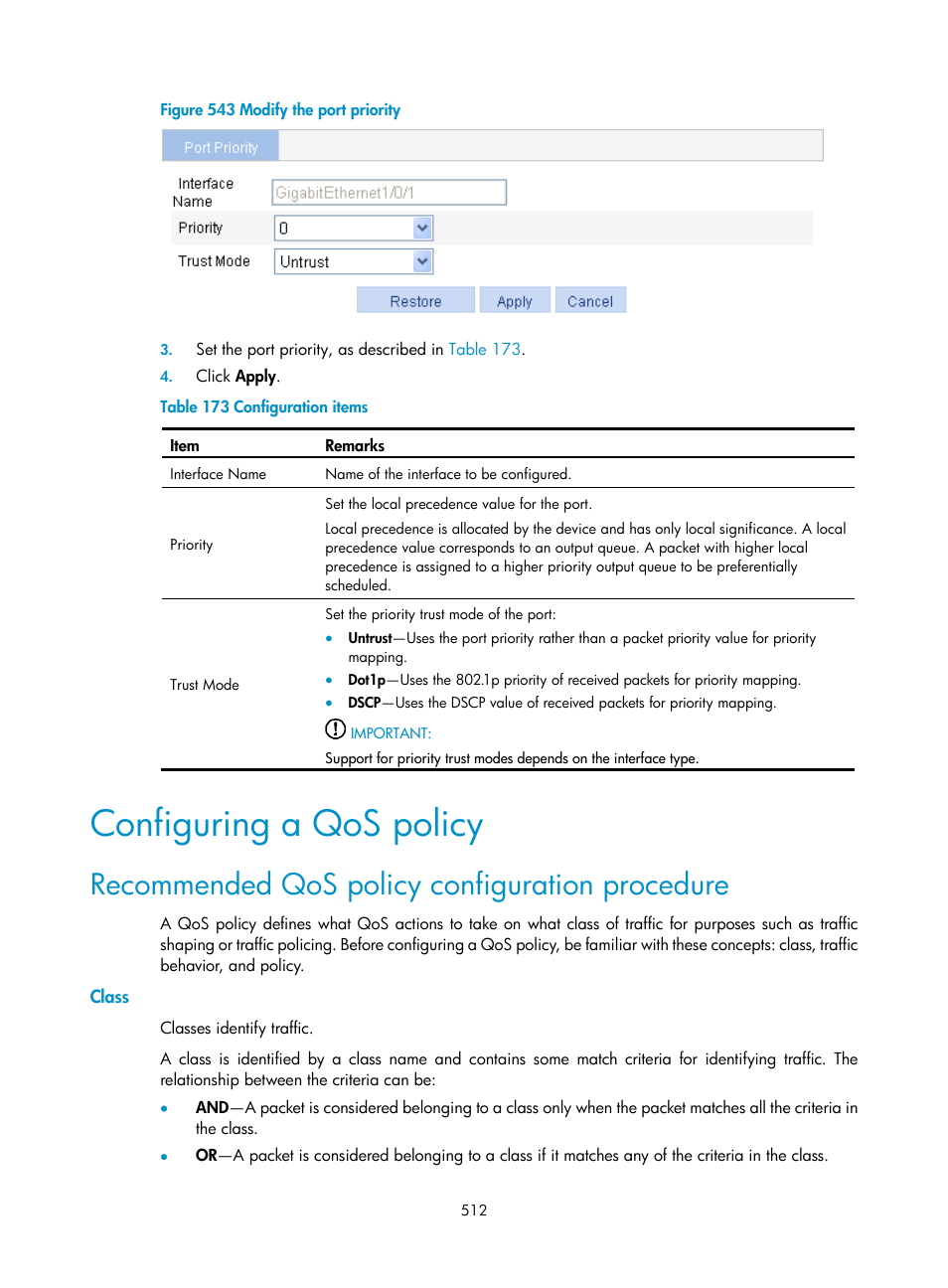 Configuring a qos policy, Recommended qos policy configuration procedure, Class | Figure 543 | H3C Technologies H3C WX3000E Series Wireless Switches User Manual | Page 528 / 640