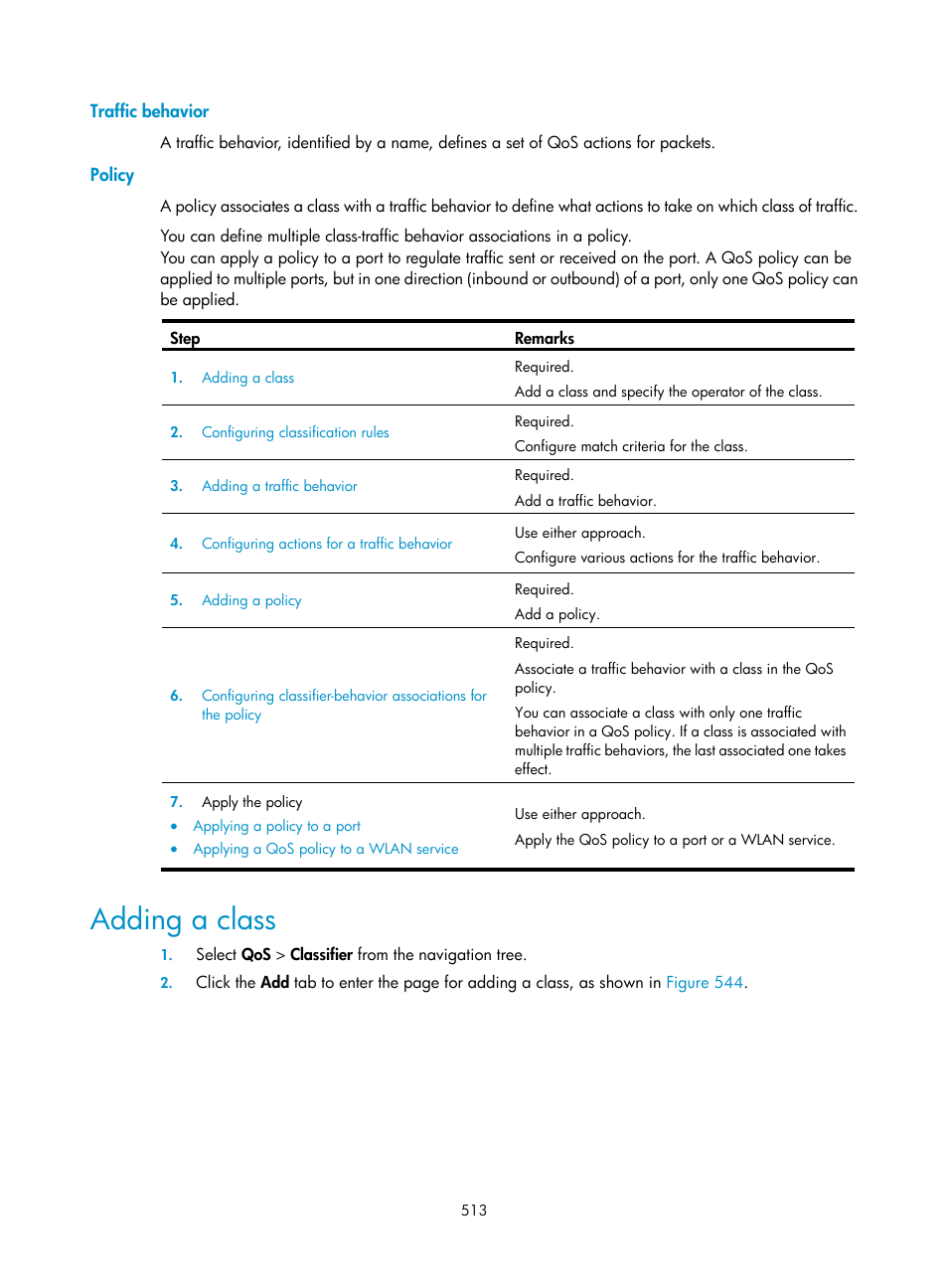 Traffic behavior, Policy, Adding a class | H3C Technologies H3C WX3000E Series Wireless Switches User Manual | Page 529 / 640