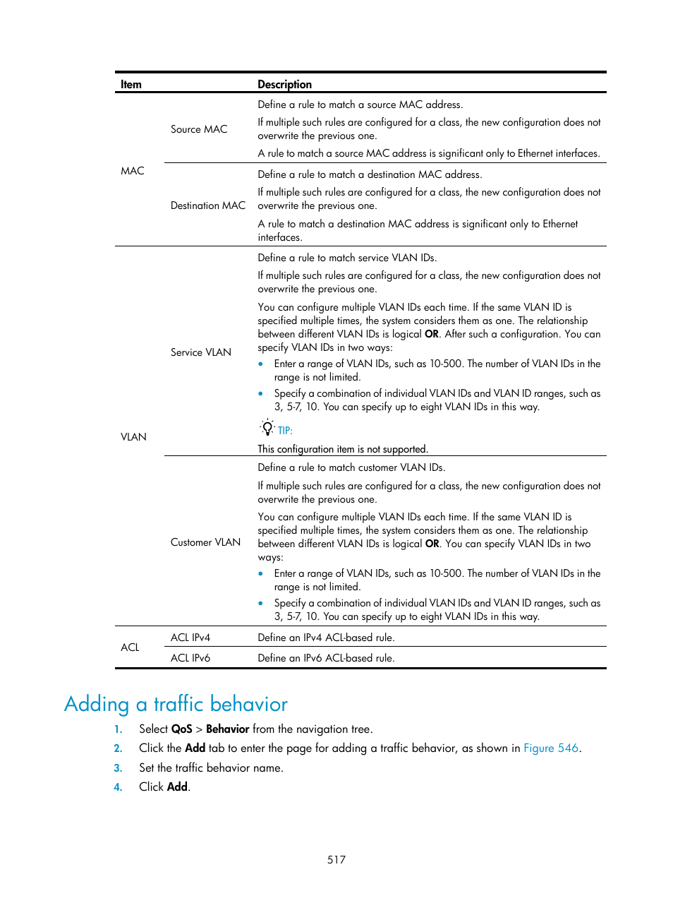 Adding a traffic behavior | H3C Technologies H3C WX3000E Series Wireless Switches User Manual | Page 533 / 640