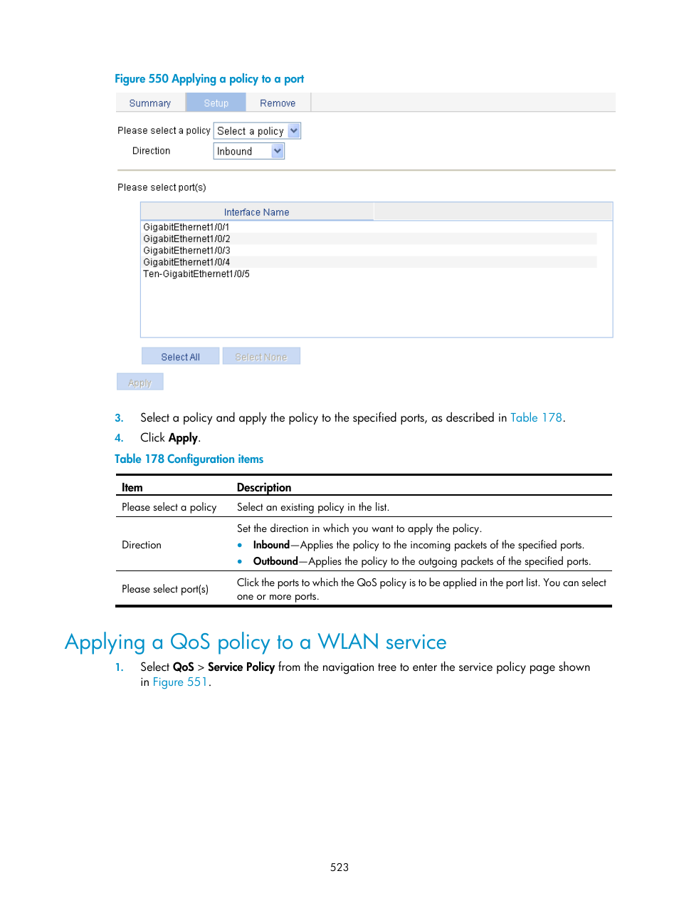 Applying a qos policy to a wlan service | H3C Technologies H3C WX3000E Series Wireless Switches User Manual | Page 539 / 640