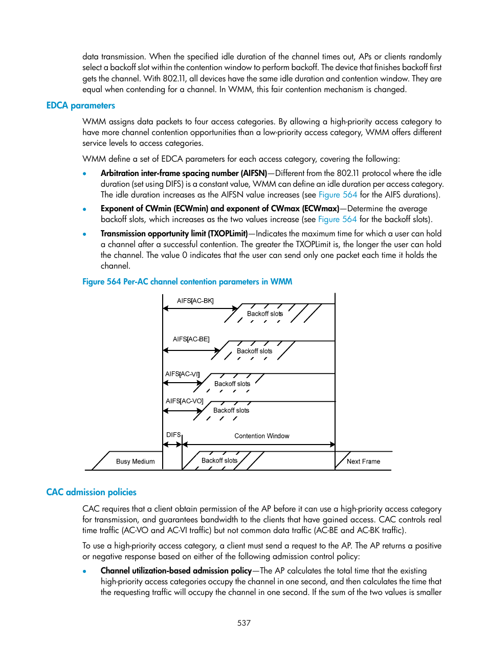 Edca parameters, Cac admission policies | H3C Technologies H3C WX3000E Series Wireless Switches User Manual | Page 553 / 640