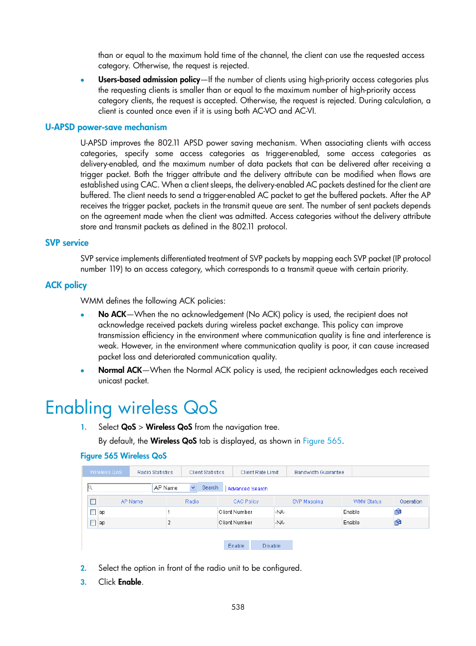 U-apsd power-save mechanism, Svp service, Ack policy | Enabling wireless qos | H3C Technologies H3C WX3000E Series Wireless Switches User Manual | Page 554 / 640