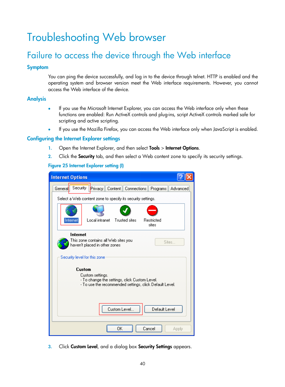 Troubleshooting web browser, Symptom, Analysis | Configuring the internet explorer settings | H3C Technologies H3C WX3000E Series Wireless Switches User Manual | Page 56 / 640