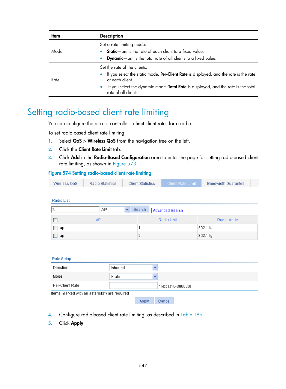 Setting radio-based client rate limiting | H3C Technologies H3C WX3000E Series Wireless Switches User Manual | Page 563 / 640