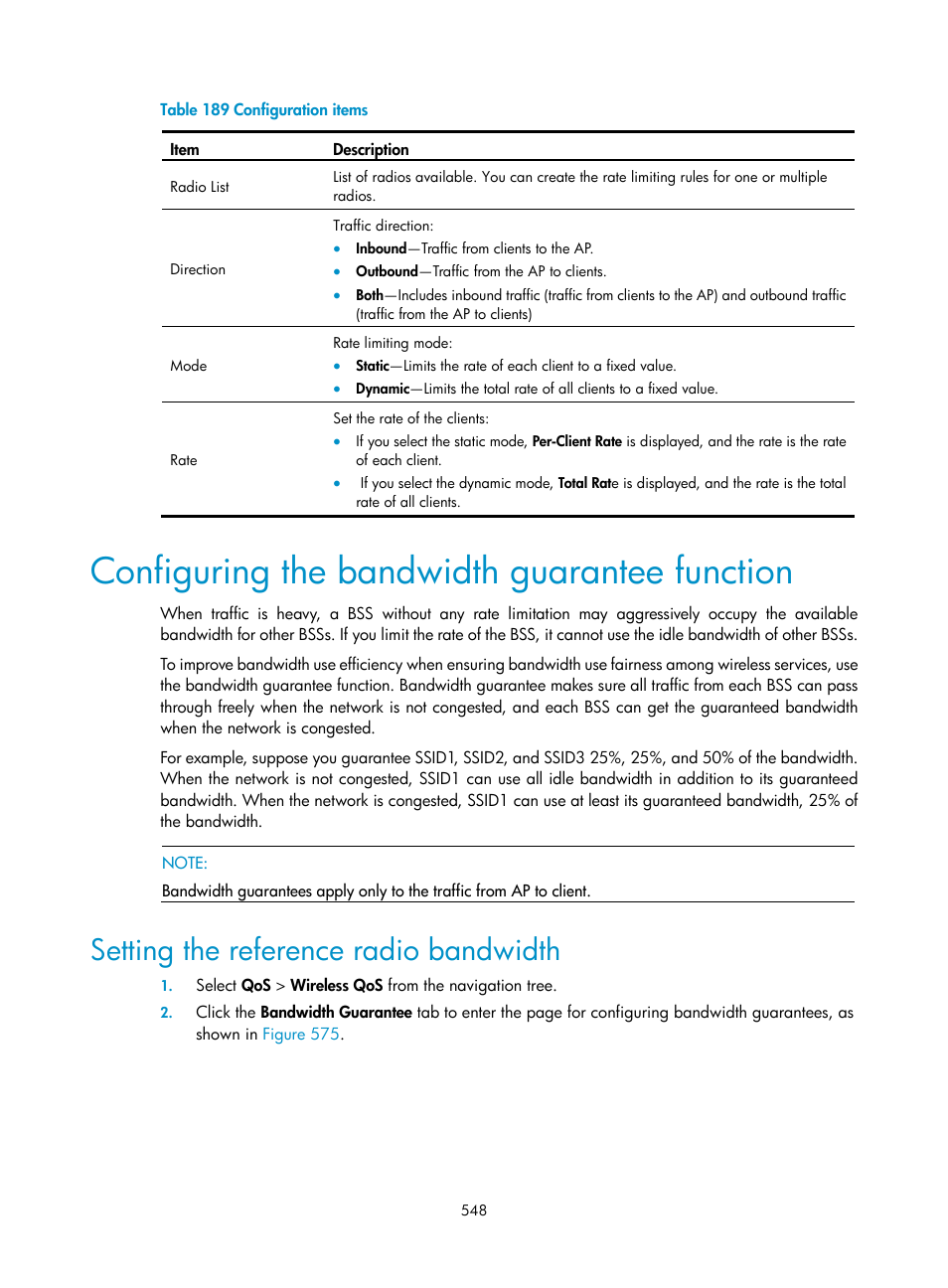 Configuring the bandwidth guarantee function, Setting the reference radio bandwidth | H3C Technologies H3C WX3000E Series Wireless Switches User Manual | Page 564 / 640