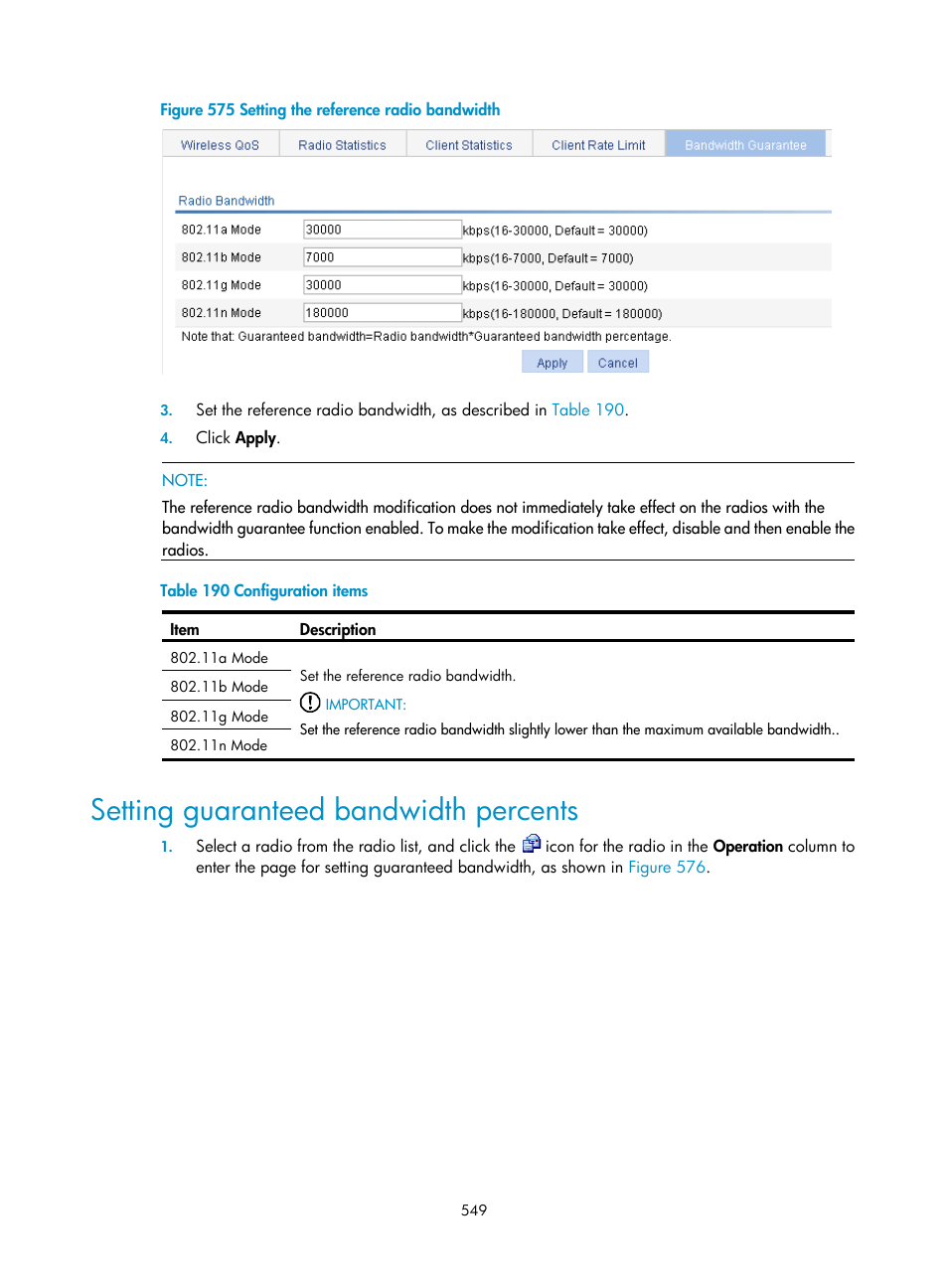 Setting guaranteed bandwidth percents | H3C Technologies H3C WX3000E Series Wireless Switches User Manual | Page 565 / 640