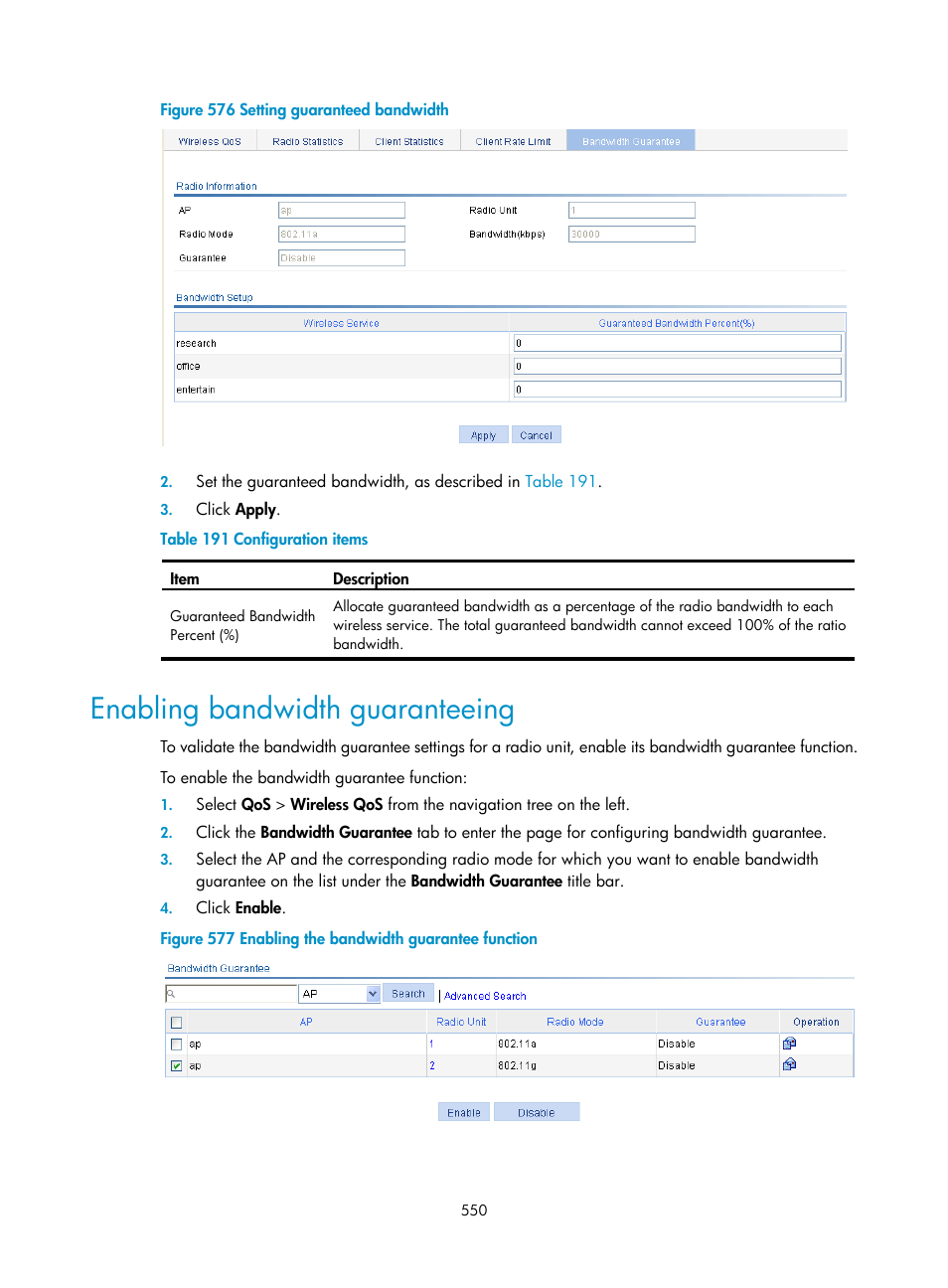 Enabling bandwidth guaranteeing | H3C Technologies H3C WX3000E Series Wireless Switches User Manual | Page 566 / 640