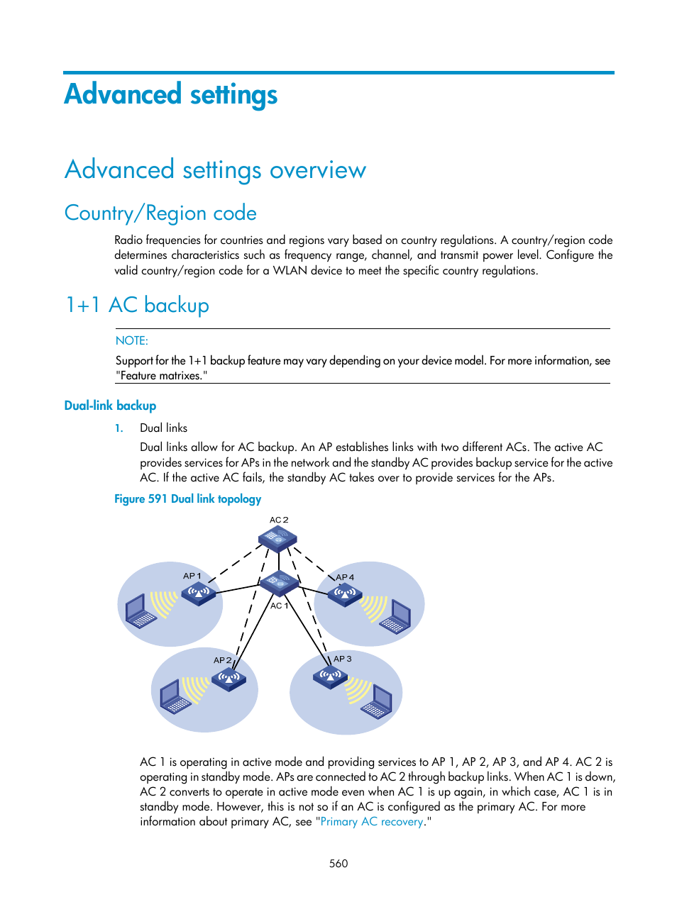 Advanced settings, Advanced settings overview, Country/region code | 1+1 ac backup, Dual-link backup | H3C Technologies H3C WX3000E Series Wireless Switches User Manual | Page 576 / 640