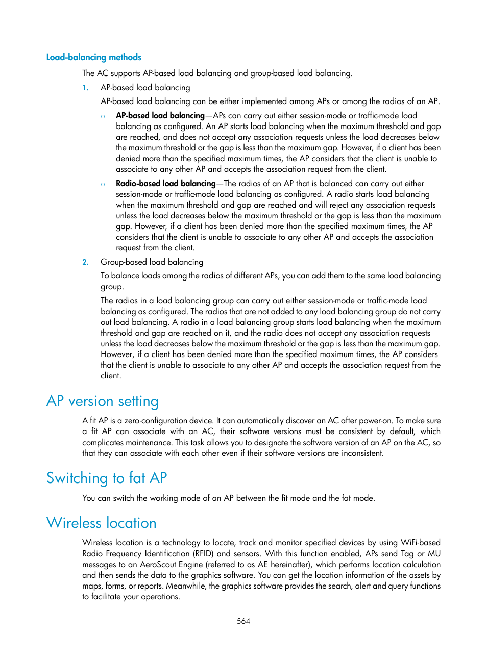 Load-balancing methods, Ap version setting, Switching to fat ap | Wireless location | H3C Technologies H3C WX3000E Series Wireless Switches User Manual | Page 580 / 640