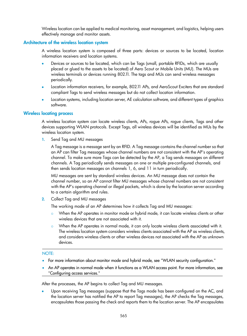 Architecture of the wireless location system, Wireless locating process | H3C Technologies H3C WX3000E Series Wireless Switches User Manual | Page 581 / 640