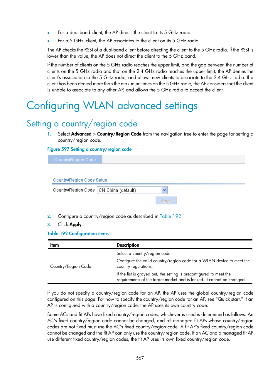 Configuring wlan advanced settings, Setting a country/region code | H3C Technologies H3C WX3000E Series Wireless Switches User Manual | Page 583 / 640