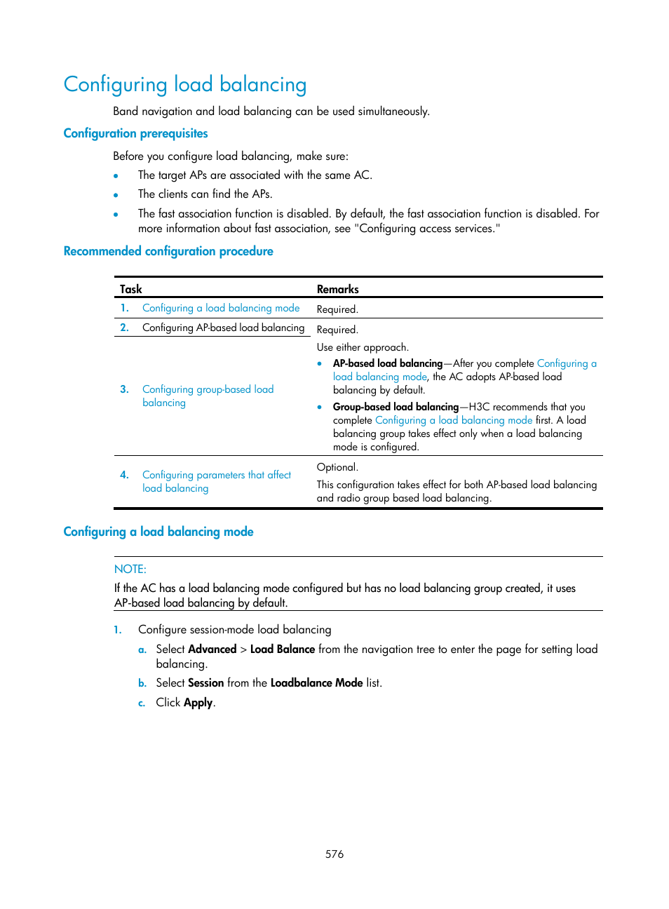 Configuring load balancing, Configuration prerequisites, Recommended configuration procedure | Configuring a load balancing mode | H3C Technologies H3C WX3000E Series Wireless Switches User Manual | Page 592 / 640