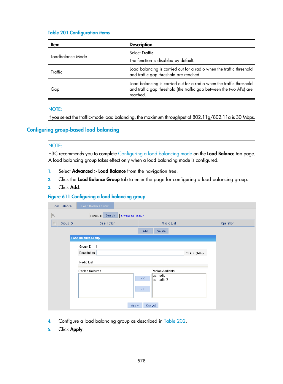 Configuring group-based load balancing, Configuring group-based load, Balancing | H3C Technologies H3C WX3000E Series Wireless Switches User Manual | Page 594 / 640