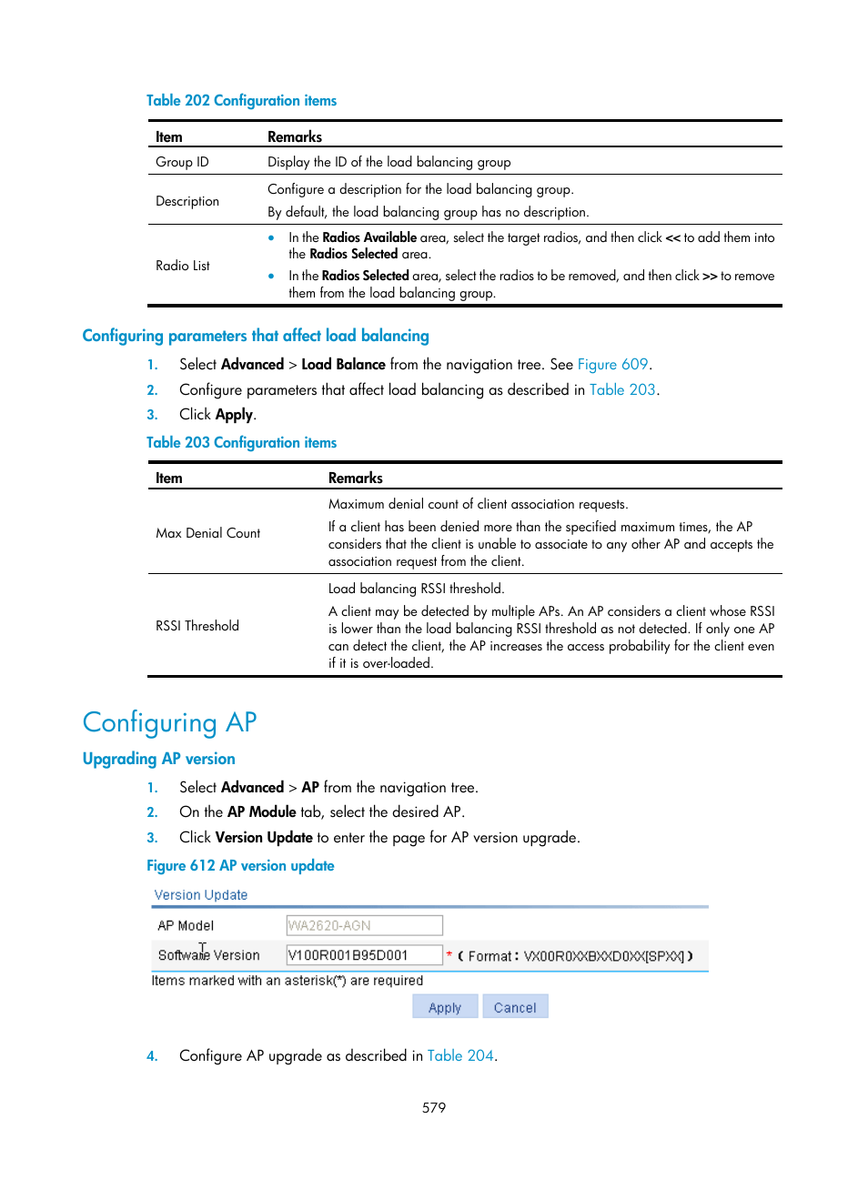 Configuring parameters that affect load balancing, Configuring ap, Upgrading ap version | Configuring parameters that affect, Load balancing, Table 202 | H3C Technologies H3C WX3000E Series Wireless Switches User Manual | Page 595 / 640