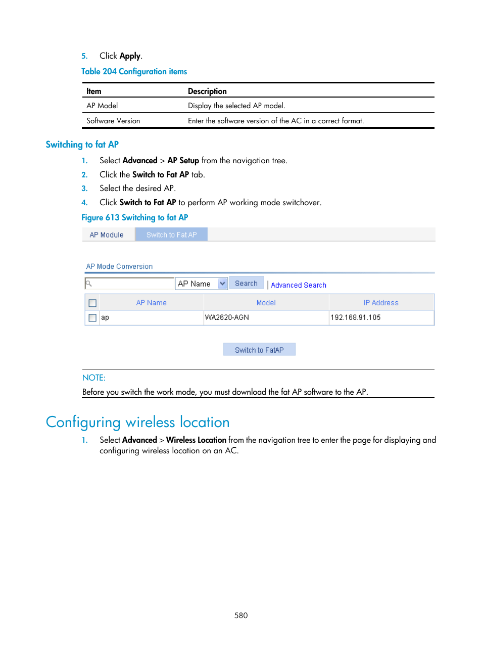 Switching to fat ap, Configuring wireless location, Ribed in | Table 204 | H3C Technologies H3C WX3000E Series Wireless Switches User Manual | Page 596 / 640