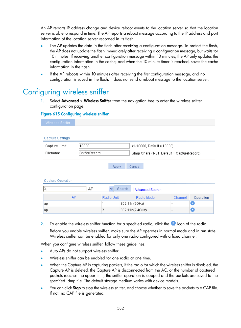 Configuring wireless sniffer | H3C Technologies H3C WX3000E Series Wireless Switches User Manual | Page 598 / 640