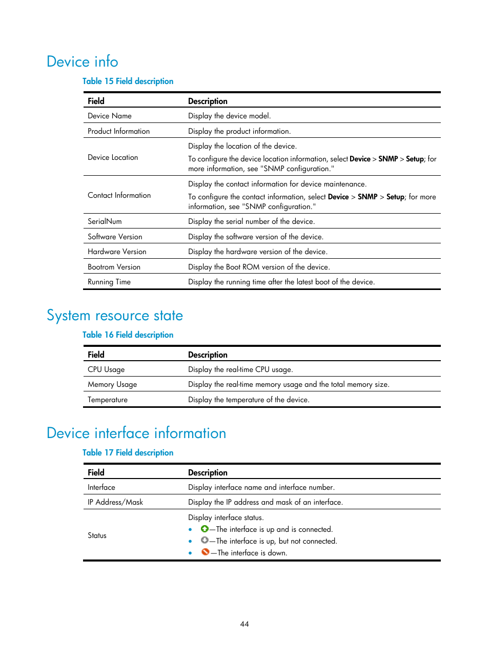 Device info, System resource state, Device interface information | H3C Technologies H3C WX3000E Series Wireless Switches User Manual | Page 60 / 640