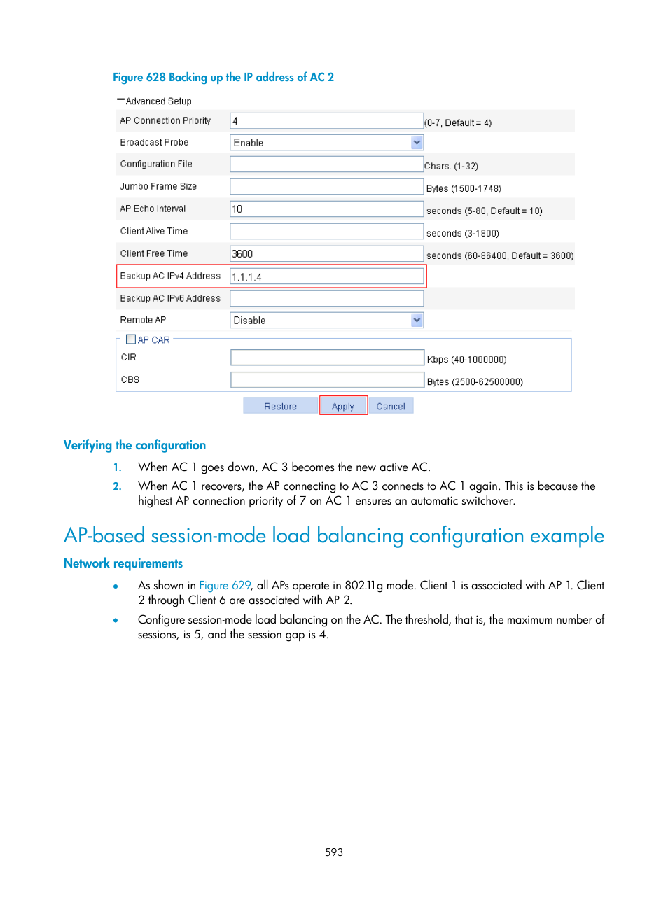 Verifying the configuration, Network requirements | H3C Technologies H3C WX3000E Series Wireless Switches User Manual | Page 609 / 640