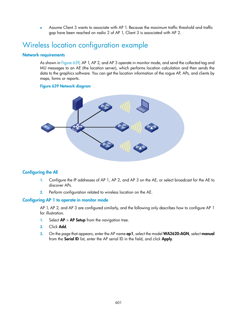 Wireless location configuration example, Network requirements, Configuring the ae | Configuring ap 1 to operate in monitor mode | H3C Technologies H3C WX3000E Series Wireless Switches User Manual | Page 617 / 640