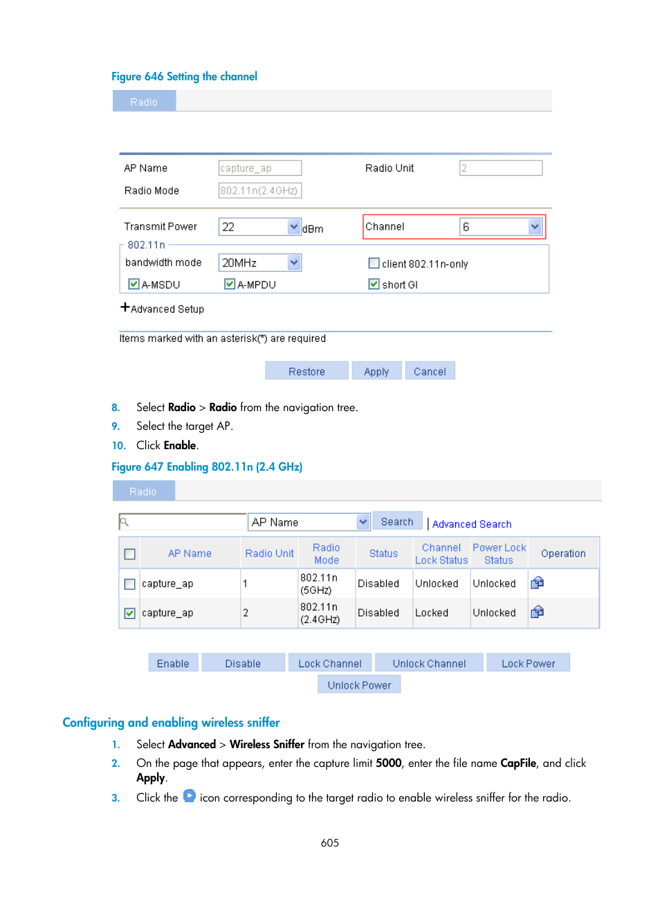 Configuring and enabling wireless sniffer | H3C Technologies H3C WX3000E Series Wireless Switches User Manual | Page 621 / 640