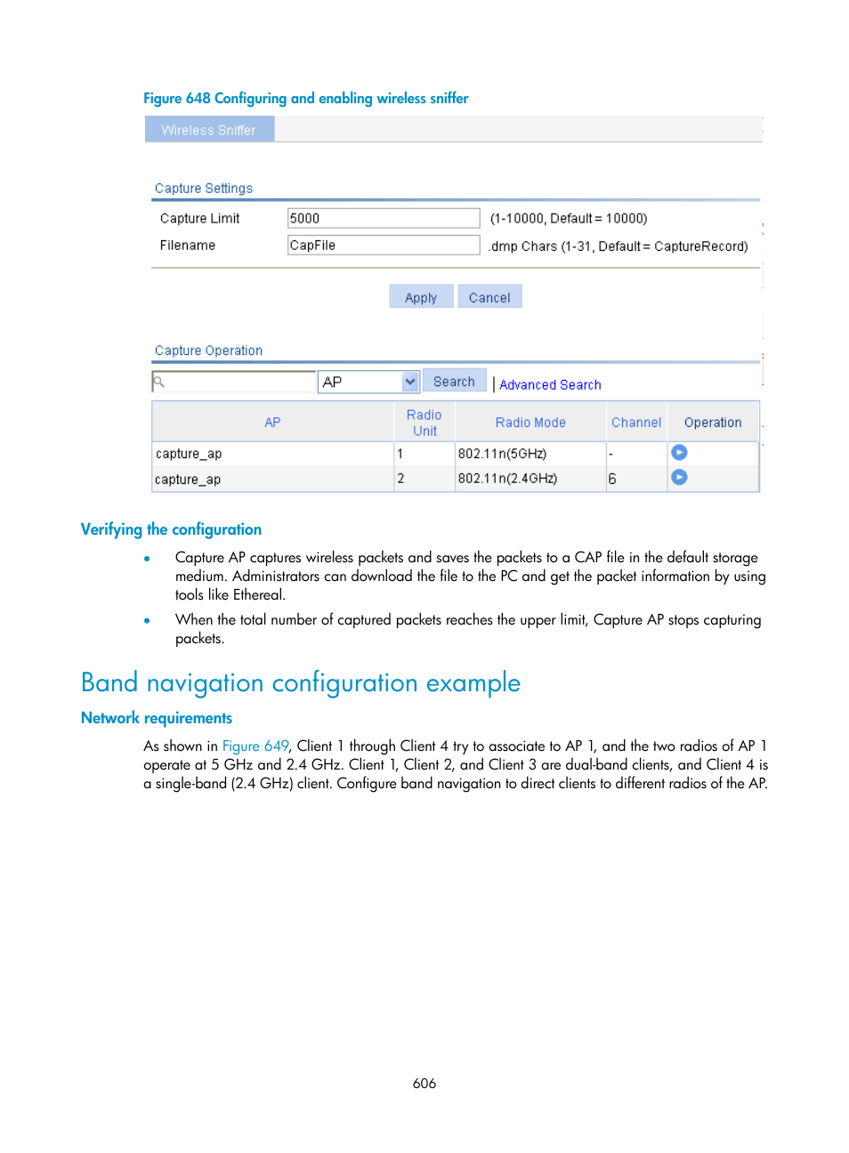 Verifying the configuration, Band navigation configuration example, Network requirements | H3C Technologies H3C WX3000E Series Wireless Switches User Manual | Page 622 / 640