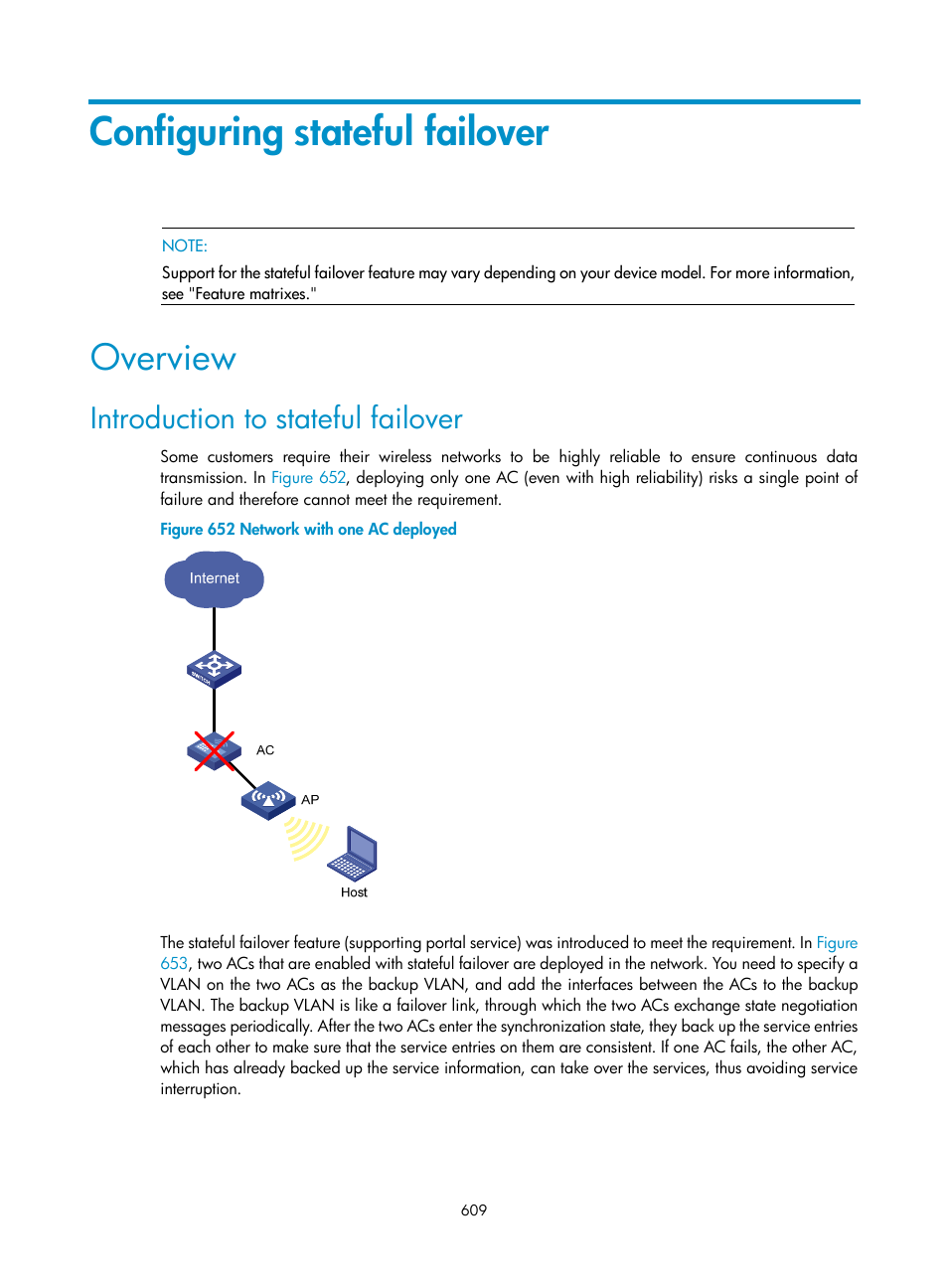 Configuring stateful failover, Overview, Introduction to stateful failover | H3C Technologies H3C WX3000E Series Wireless Switches User Manual | Page 625 / 640