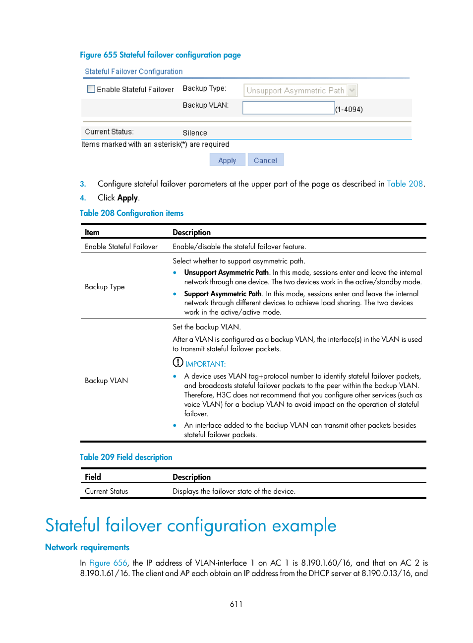 Stateful failover configuration example, Network requirements, Figure 655 | Table 209 | H3C Technologies H3C WX3000E Series Wireless Switches User Manual | Page 627 / 640
