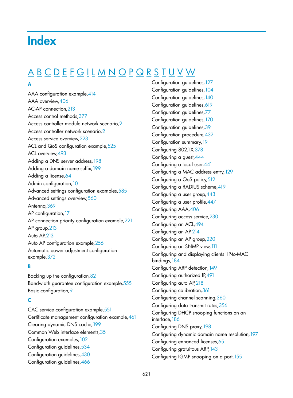 Index | H3C Technologies H3C WX3000E Series Wireless Switches User Manual | Page 637 / 640