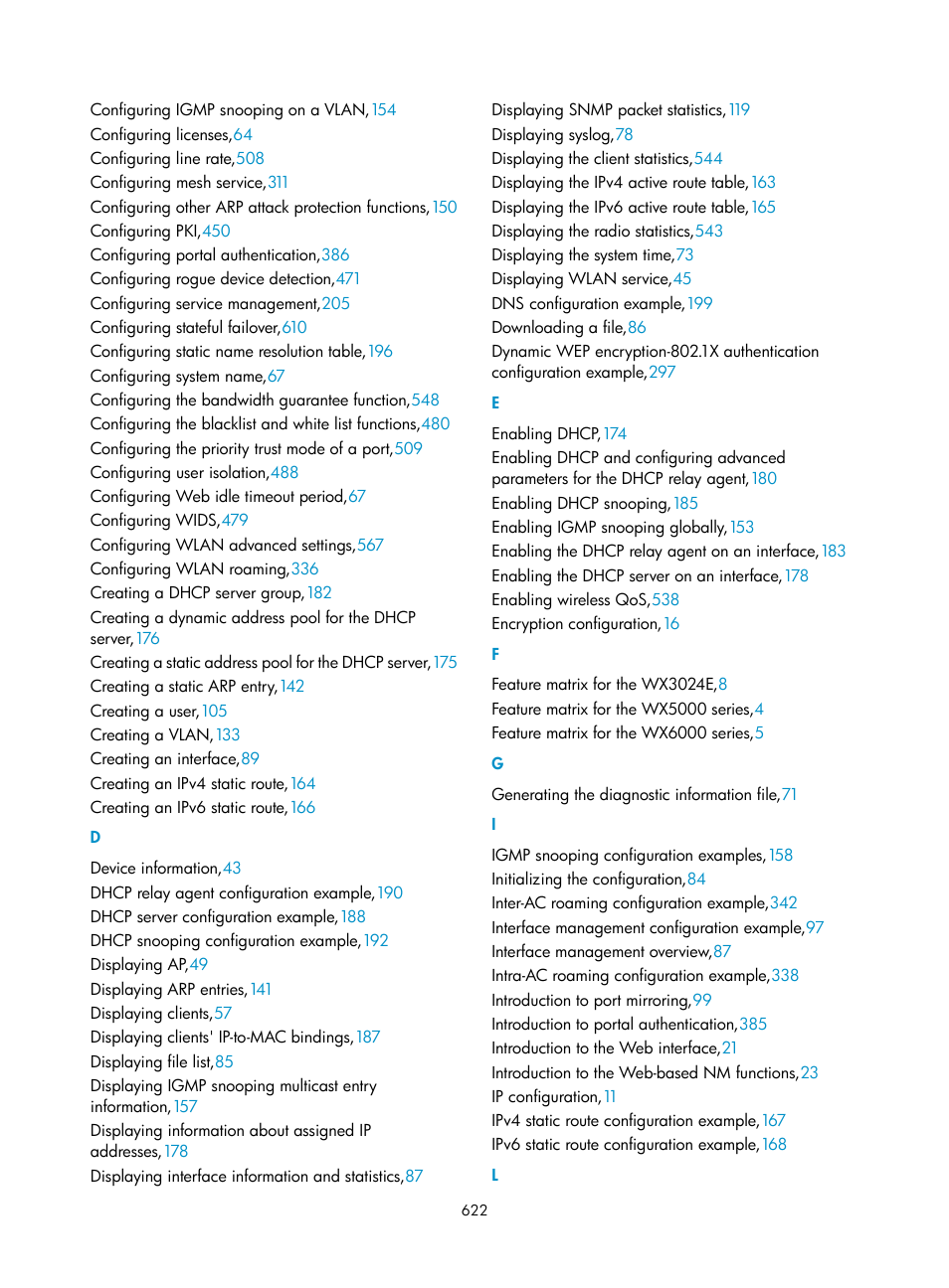 D e f g i l | H3C Technologies H3C WX3000E Series Wireless Switches User Manual | Page 638 / 640